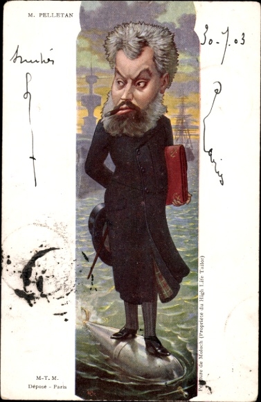 Artist Postcard Sirat, Camille Pelletan, Minister of the Navy, portrait on a torpedo, caricature