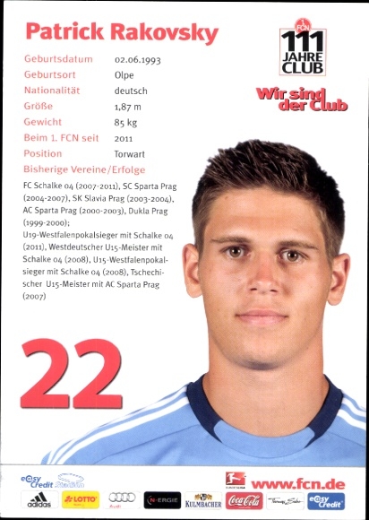 Autogrammkarte Fußballer Patrick Rakovsky, 1. FC Nürnberg, Autogramm