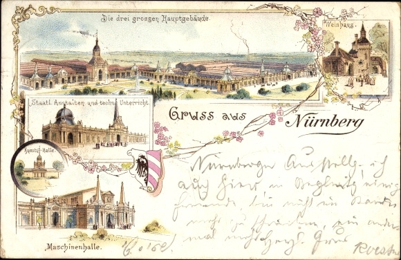 Chromo-Litho Nuremberg in Bavaria, Bavarian State Exhibition 1896, three main buildings, wine hall