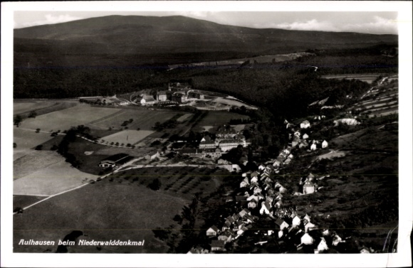 Postcard Aulhausen Rüdesheim am Rhein, aerial photograph, Niederwald Monument
