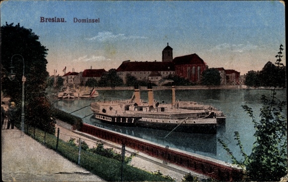 Ak Wrocław Breslau Schlesien, Dominsel, Dampfer