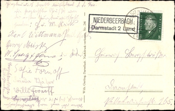 Postcard country postmark Niederbeerbach Darmstadt 2 country, ruin Frankenstein on the mountain road