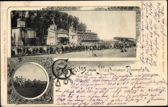 Postcard Iffezheim am Rhein, racecourse, horse racing, horseshoe