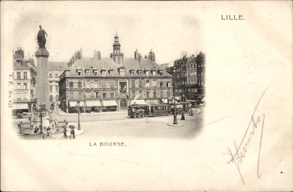 Ak Lille Nord, Statue, Gebäude, Straßenbahn, Menschen,  La Bourse