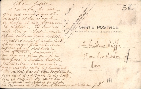 PC Brest Finistère, front view of the square, building, water fountain, postmark