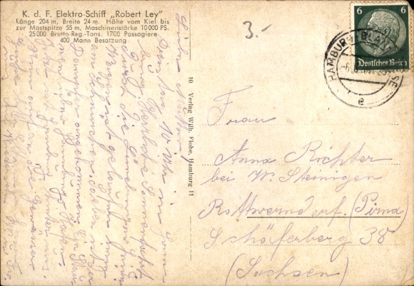 Postcard KDF steamer Robert Ley, electric ship
