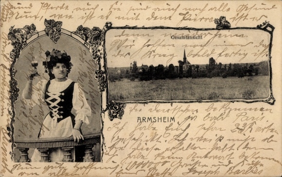 Postcard Armsheim in Rheinhessen, general view, woman in traditional costume