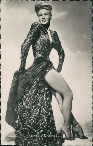 Postcard actress and dancer Ginger Rogers, portrait, dress, fishnet stockings