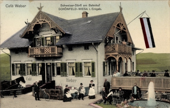 Ak Schönfeld Wiesa Thermalbad Wiesenbad im Erzgebirge, Schweizer Dörfel am Bahnhof, Café Weber