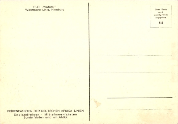 Postcard Steamship Watussi, Woermann Line, holiday trips of the German Africa Lines