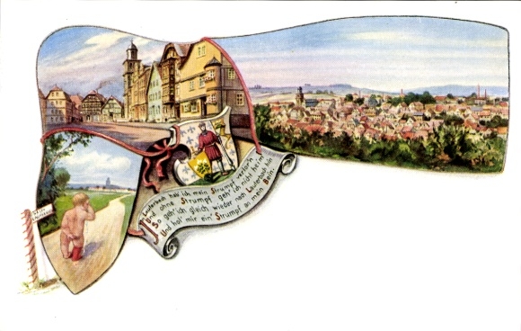 Coat of arms litho Lauterbach an der Lauter Vogelsbergkreis, stocking lost, crying child, panorama