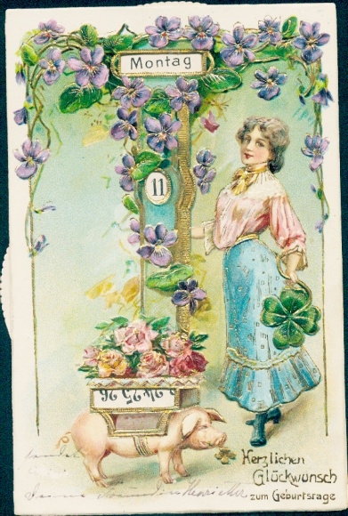 Mechanical Postcard congratulations birthday, flowers, shamrock, pig, calendar