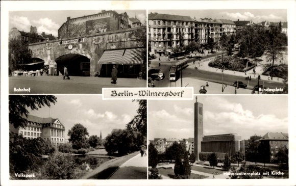 Postcard Berlin Wilmersdorf, train station, Bundesplatz, Volkspark, Hohenzollernplatz, church
