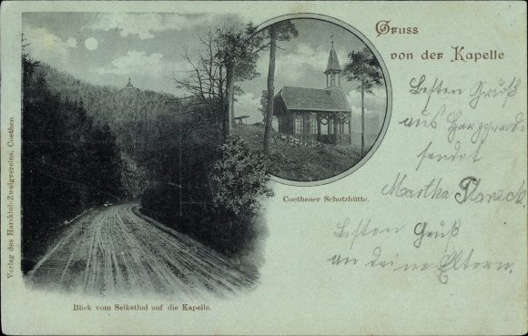 Mondschein Ak Köthener Hütte nahe Mägdesprung Harzgerode am Harz, Schutzhütte, Kapelle