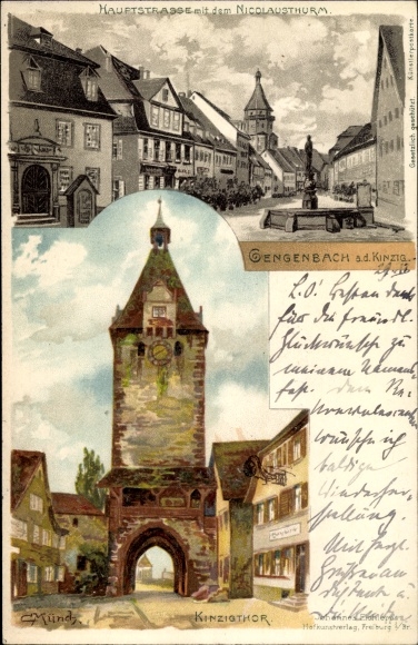 Artist Chromo-Litho Münch, C., Gengenbach in the Black Forest, main street, Nicolausturm, Kinzigtor