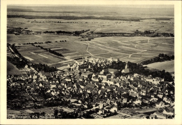 Postcard Schwaigern in Württemberg, aerial view of rural surroundings, houses, fields