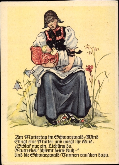 Künstler Ak Unrain Fischer, Am Muttertag im Schwarzwald Wind, singt eine Mutter und wiegt ihr Kind