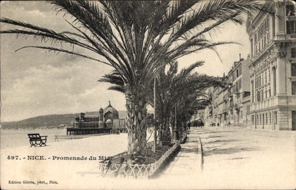 Postcard Nice Alpes Maritimes, palm trees, promenade, sea, France