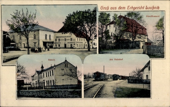 Postcard Laußnitz Saxony, hereditary court, school, forester's office, train station