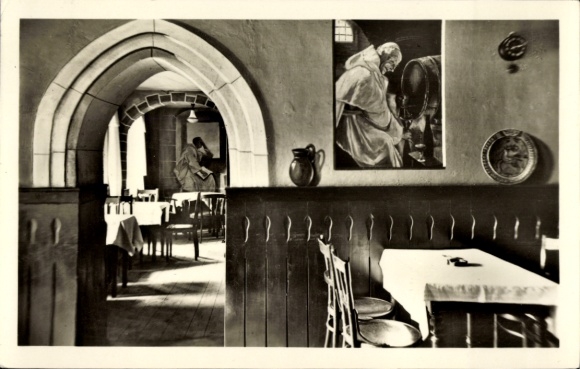 Postcard Chorin in der Mark, restaurant, building, wooden chairs, tables, paintings, arches