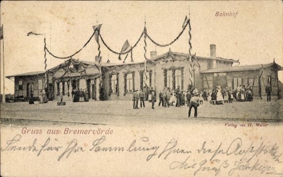 Ak Bremervörde in Niedersachsen, Bahnhof, Festschmuck