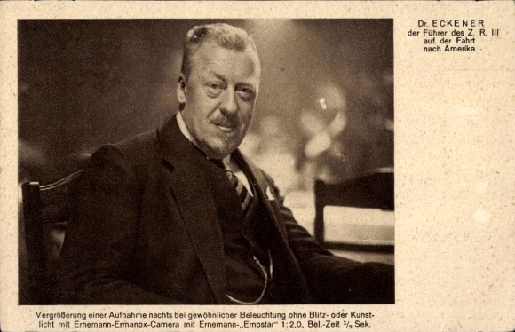 Postcard Dr. Eckener on the trip to America, Ernemann-Ermanox advertising