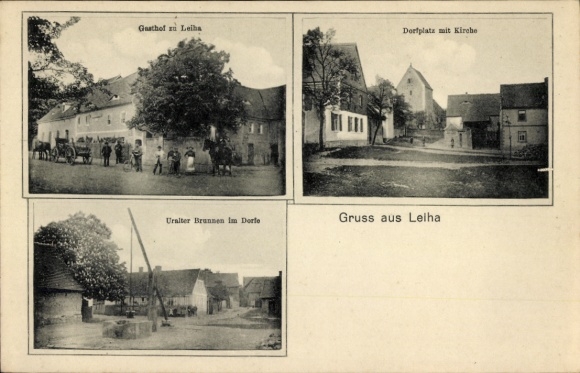 Ak Leiha Schafstädt Bad Lauchstädt Sachsen Anhalt, Gasthof, Kirche, Brunnen, Dorfplatz