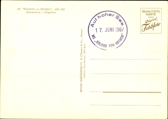 Postcard ferry MS Roland from Bremen, Bremerhaven Helgoland, Bremer Seebäderdienst D. Oltmann & Co.