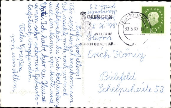 Postcard Solingen in North Rhine Westphalia, coat of arms, Klingenstadt, main street, dam, train station
