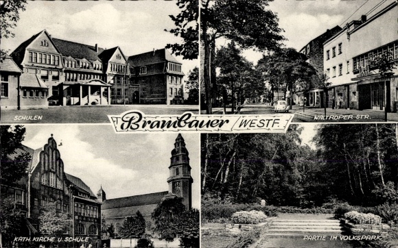 Postcard Brambauer Lünen in Westphalia, schools, public park, church, Waltroper Straße