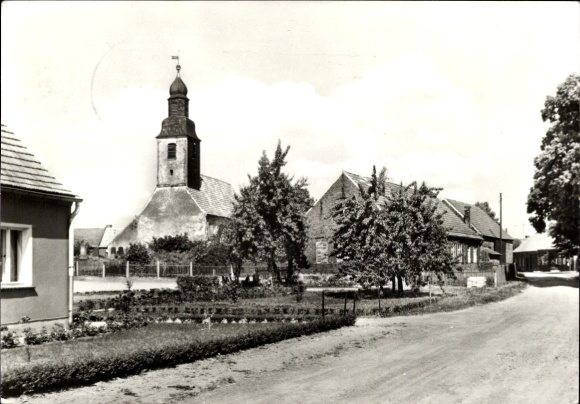 Postcard Körba Lebusa in Brandenburg, church, rural landscape, village street, tree and house view