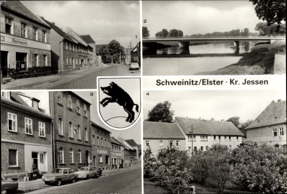 Ak Schweinitz Jessen, markt, Elsterbrücke, thuis na het werk, Friendship of Nations, wapenschild, gemeentehuis
