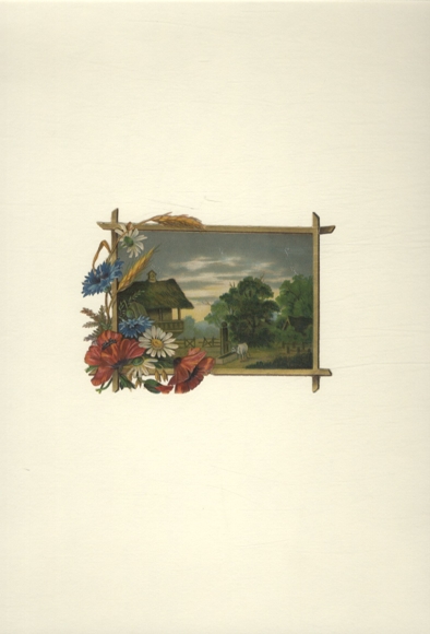 Oblate house in rural surroundings, wooden frame with poppies and cornflowers, approx. 8 x 11 cm