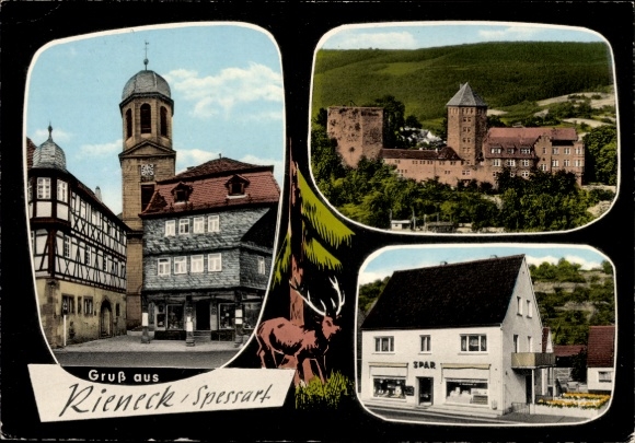 Postcard Rieneck in Spessart Lower Franconia, partial views, Spar, half-timbered house, tower