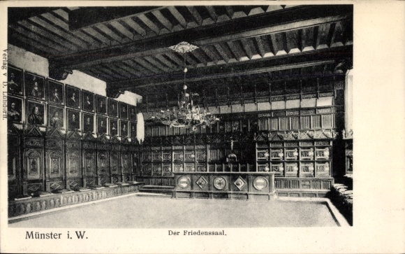 Ak Münster in Westfalen, Der Friedenssaal, historische Architektur, Wand mit Portraits, schöne...