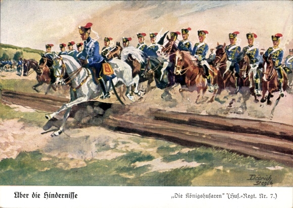 Artist Postcard Döbrich Steglitz, Over the obstacles, the Royal Hussars, Hussar Regiment No. 7