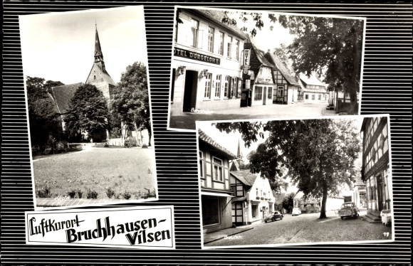 Postcard Bruchhausen Vilsen district of Diepholz, church, Bahnhofstrasse, Brautstrasse