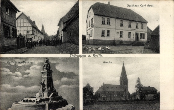 Ak Thürungen Kelbra am Kyffhäuser, kerk, herberg, straatgedeelte, Kaiser Wilhelm Memorial