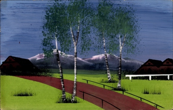 Hand-painted PC panorama, road to the village, mountains