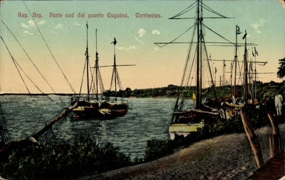 Postcard Corrientes Argentina, harbor view, ships, water, shore, trees