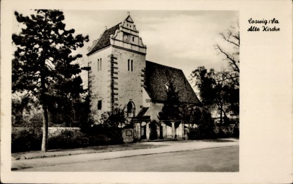 Postcard Coswig in Saxony, Old Church, Stone Building, Tree in the Foreground, Clouds in the Sky, Str