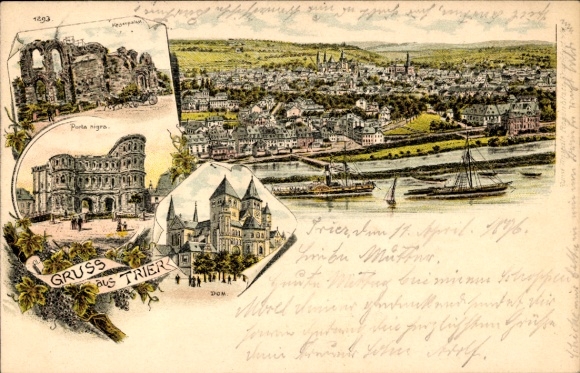 Chromo-Litho Trier on the Moselle, panorama, Porta Nigra, cathedral
