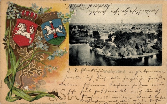 Embossed coat of arms Postcard Wolfenbüttel in Lower Saxony, view of the town