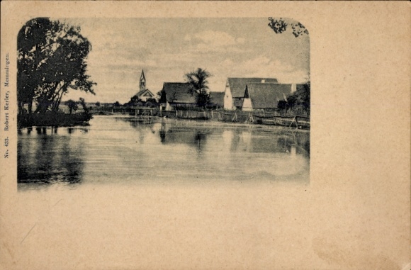 Postcard Memmingen in Swabia, beautiful landscape, houses on the water, church in the background