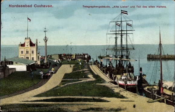 Postcard Nordseebad Cuxhaven, telegraph building Alte Liebe, old port, sailing ship