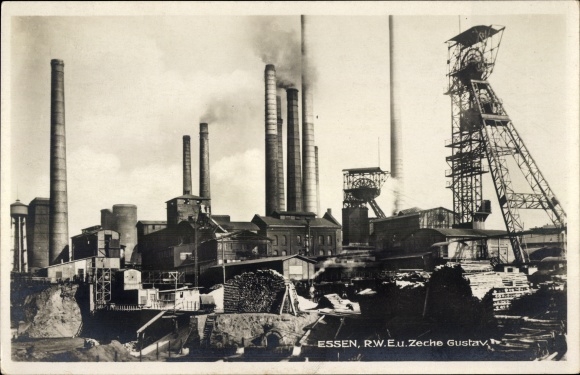Postcard Essen in the Ruhr area of North Rhine-Westphalia, colliery, mine, RWE, shafts, chimneys