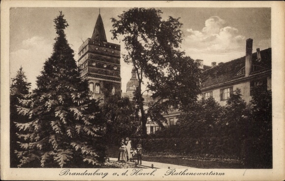 Postcard Brandenburg an der Havel, Rathenower Tower, trees, two children, architecture