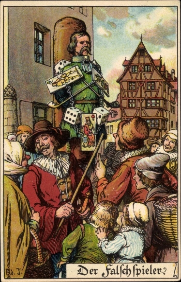 Kunstenaar litho Jodolfi, De kaartenscherp, schandpaal