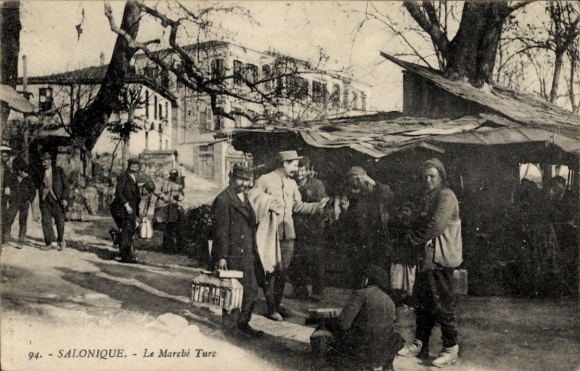 KP Salonique Saloniki Saloniki Grecja, targ ze straganami, ludźmi, drzewami, oznakowaniem