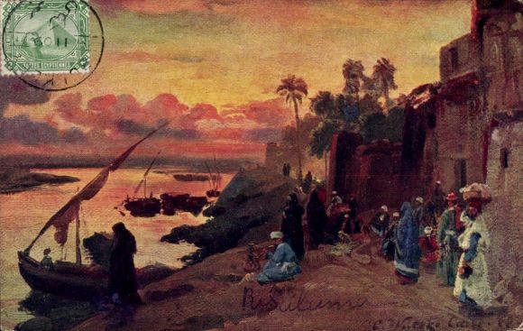Künstler Ak Ägypten, Abend am Nil bei Kairo